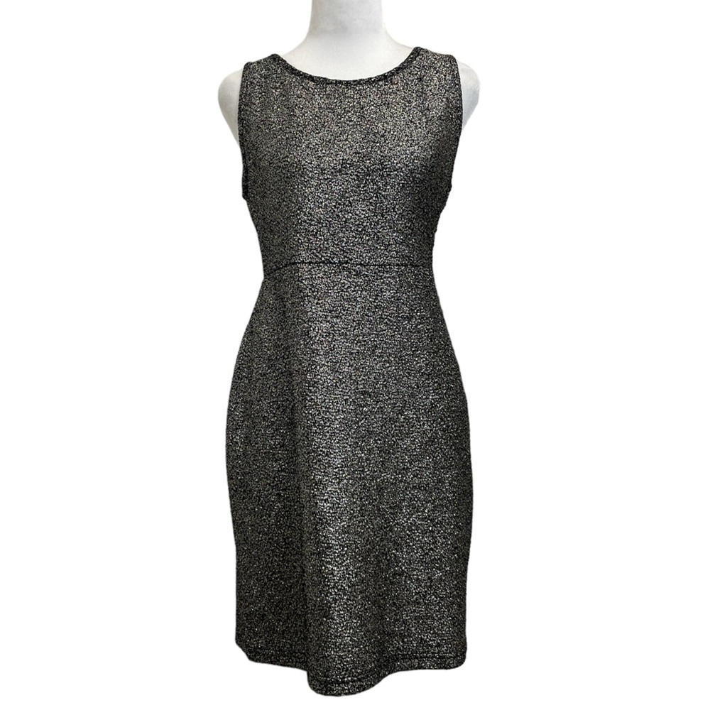 Aqua Black & Gold Metallic Knee Length Open Back Shift Cocktail Dress